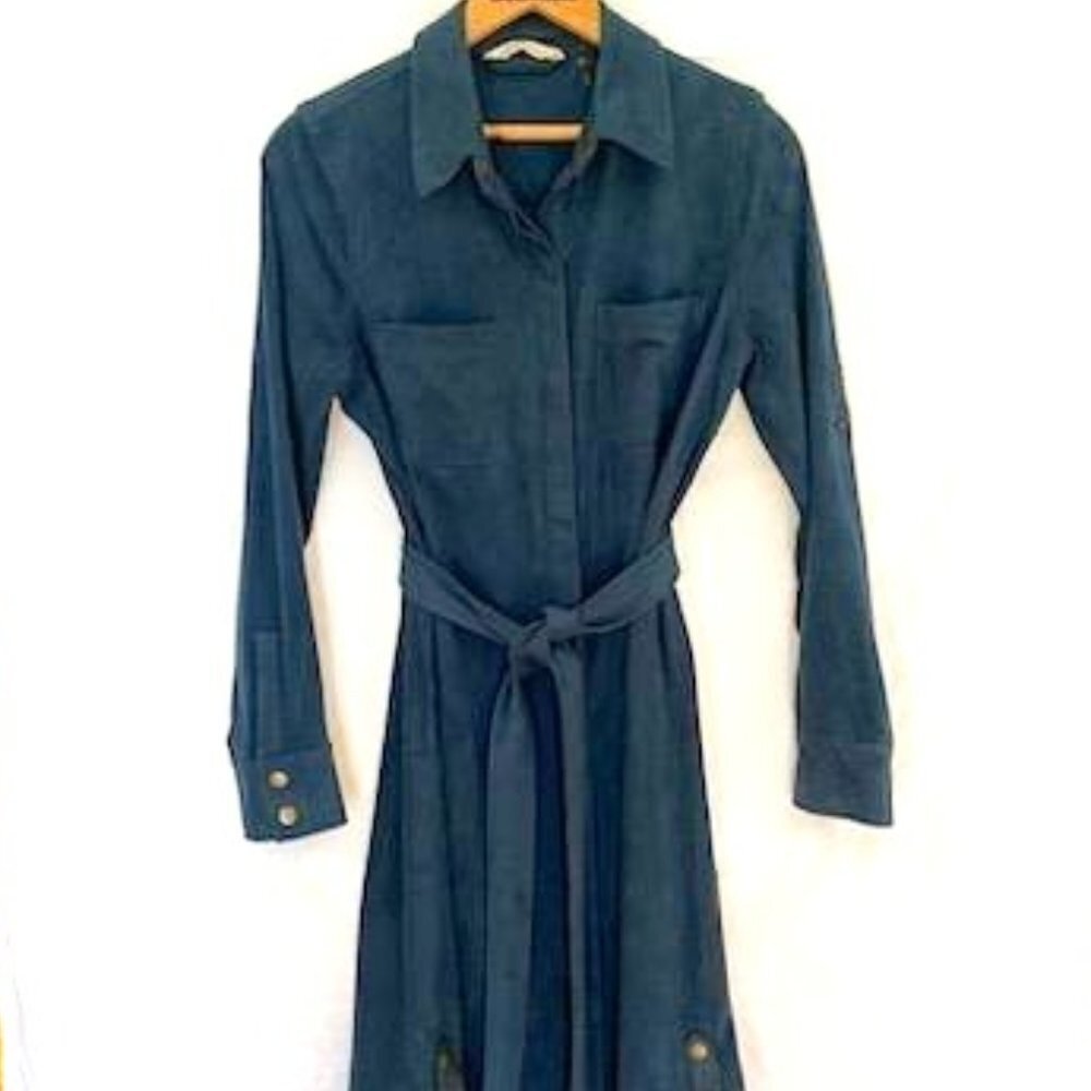 Soft Surroundings Shirt Dress Sz S Dark Teal Snap Button Up Tie Belt